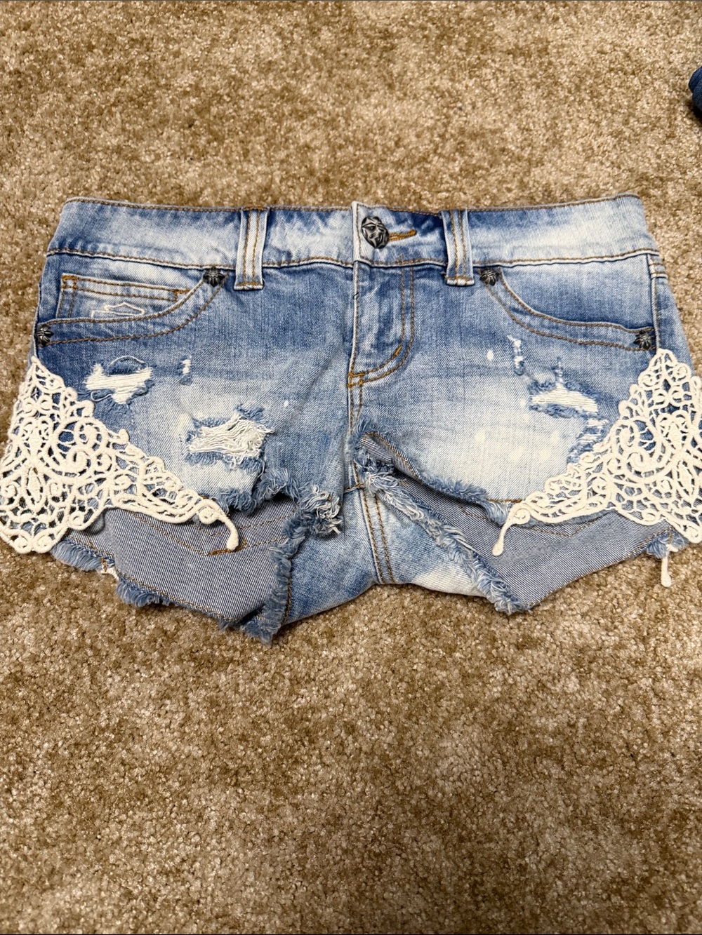 Harley-Davidson Light Blue Distressed Denim Shorts with Cream Crochet Panels